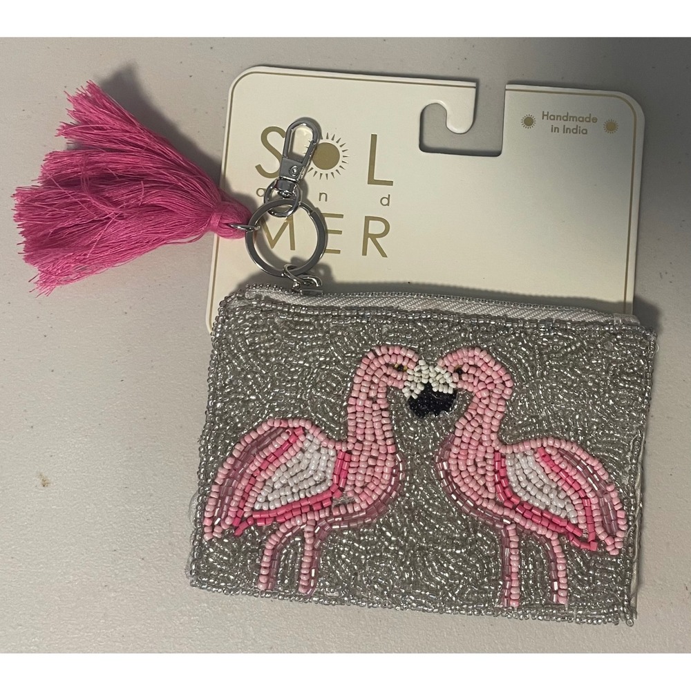 Sol and Mer Beaded Flamingo Coin Purse Keychain Pink Tassel Handmade India NWT